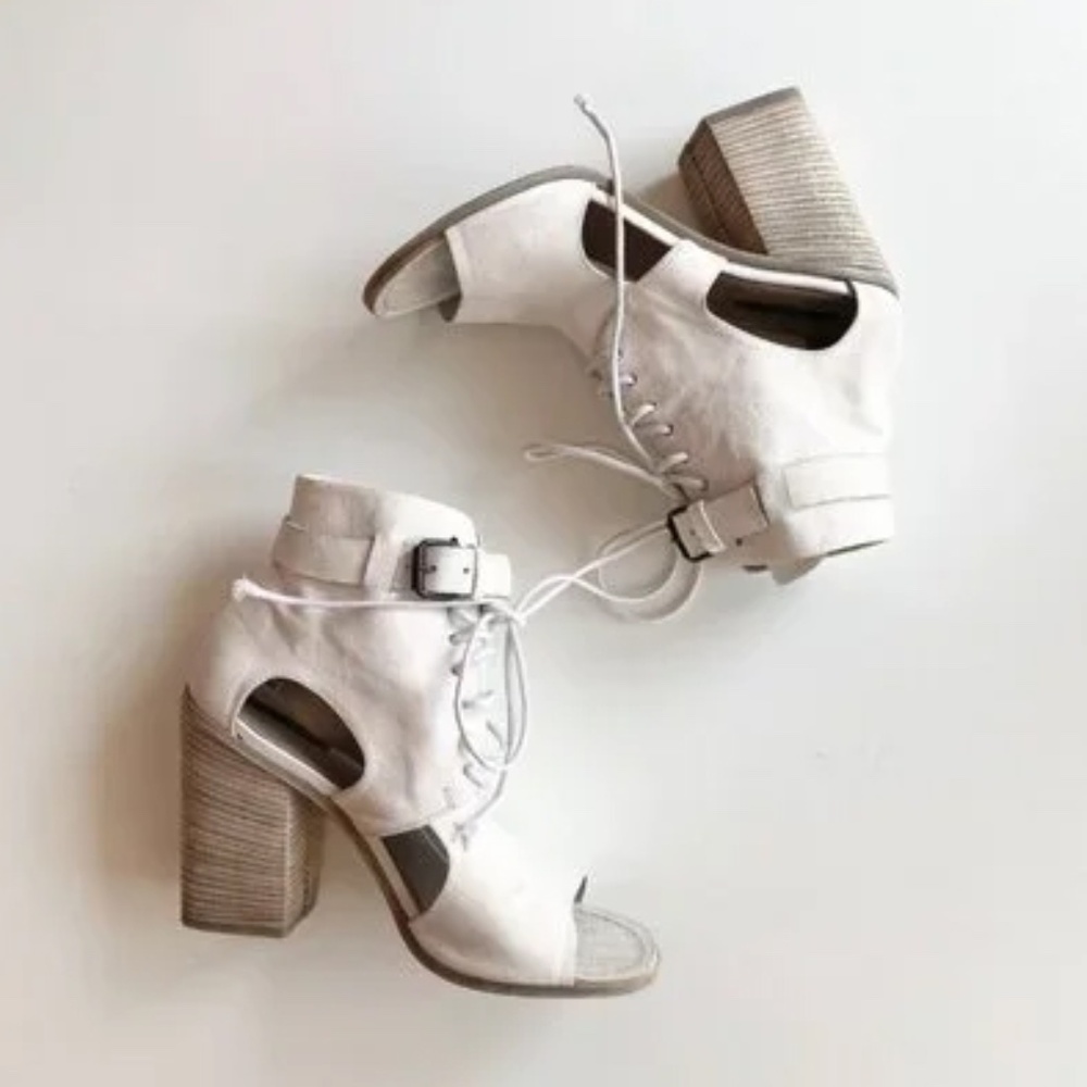 MARSELL White Leather Cut Out Lace Up Open Toe Block Heel Ankle Boots, Size 39